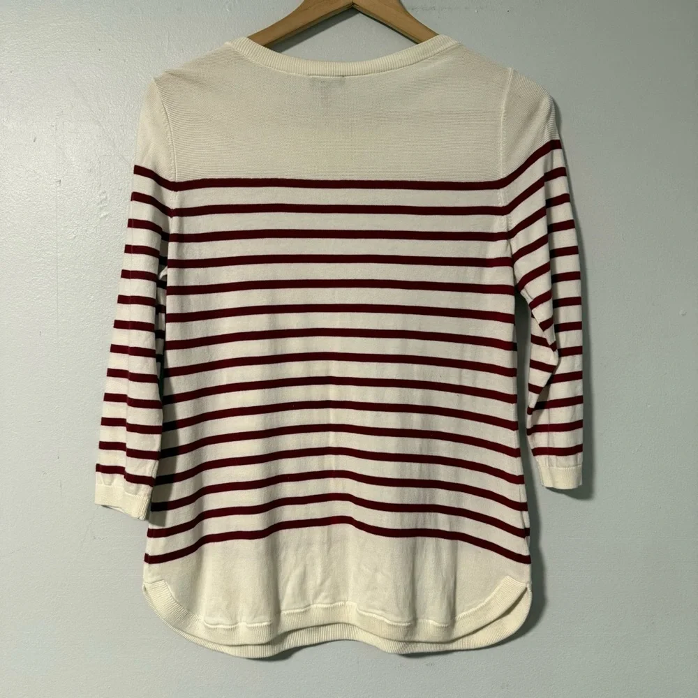 Talbots‎ Women’s Sweater Size MP Ivory Red Stripe Bow Embellished Tunic Pullover